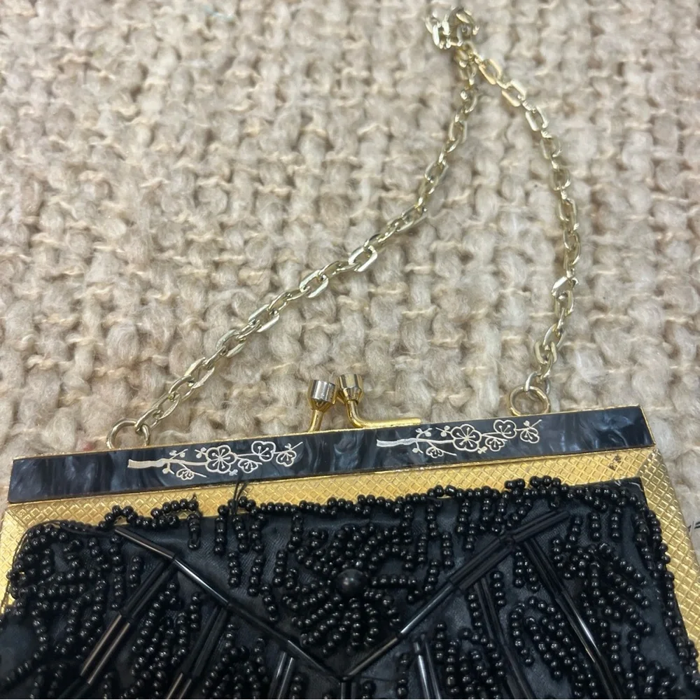 VTG 60s Handmade Unique Black Bead Handbag Clutch Evening Purse Hong‎ Kong